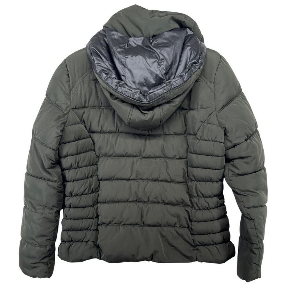 Guess Womens Puffer Jacket Sz L Forest Green Quilted Hoodie Outdoorsy GorpCore